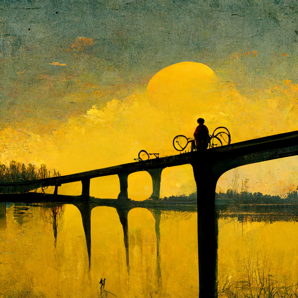 an abandoned yellow bicyle on a bridge, in front of a sunset