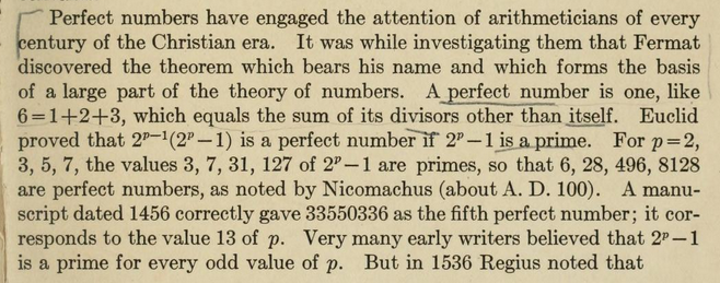 Screenshot from an old text book about perfect numbers.