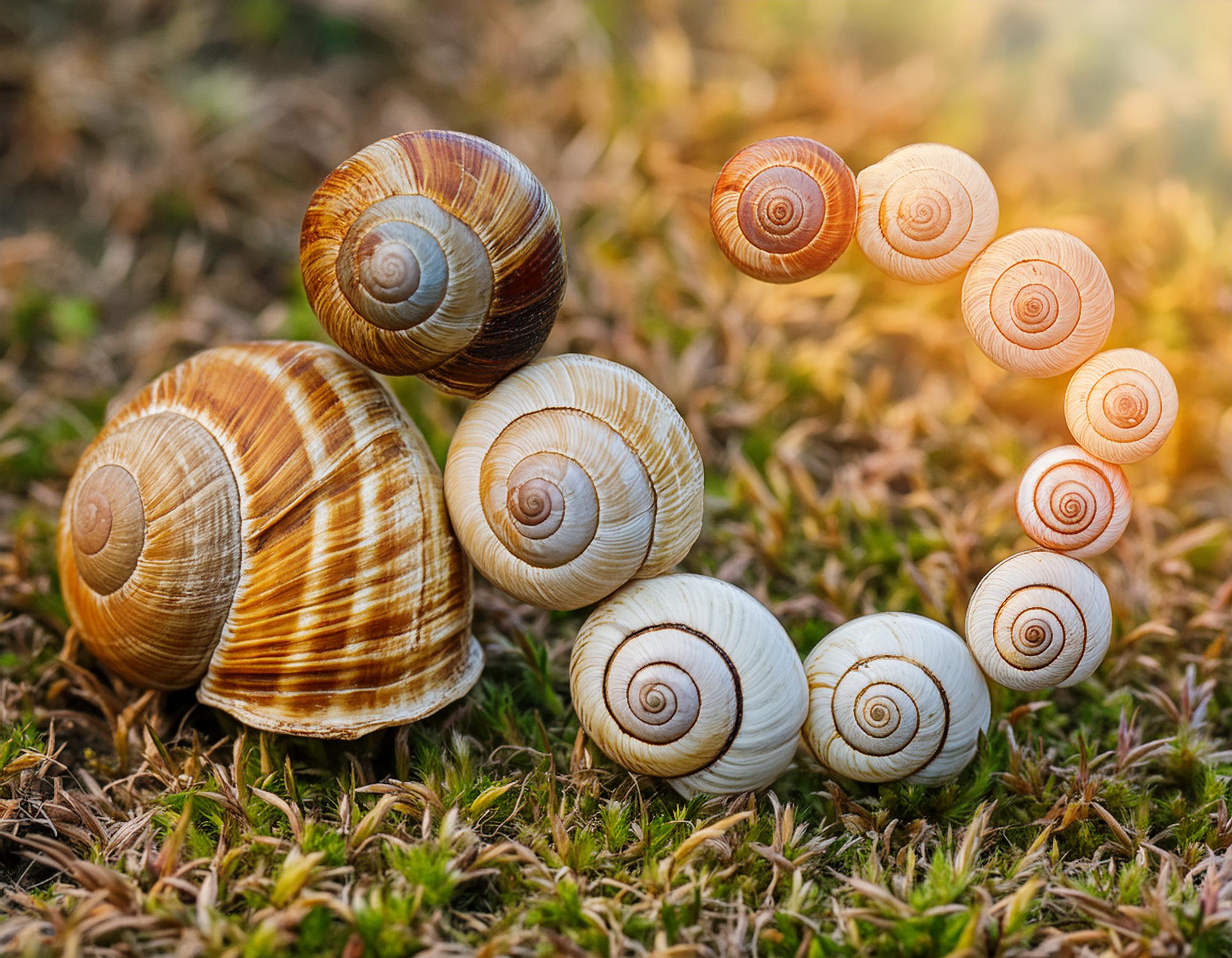 Snegleskall i en rekke på gress. Generert med Adobe Firefly.